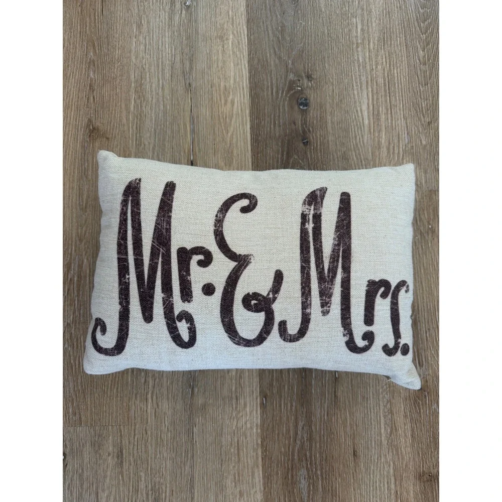 Mr & Mrs Pillow OS Cream Brown Farmhouse Wedding Decor Lumbar Cushion